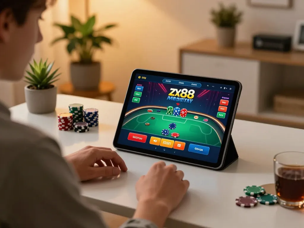 Engaging session on zx88 app with vibrant poker gameplay displayed on a tablet.