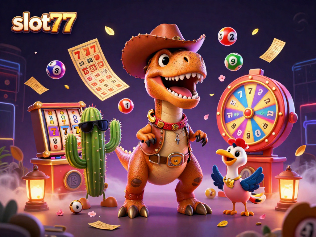 Engage with slot77's vibrant gaming world featuring a cowboy dinosaur among lottery elements.