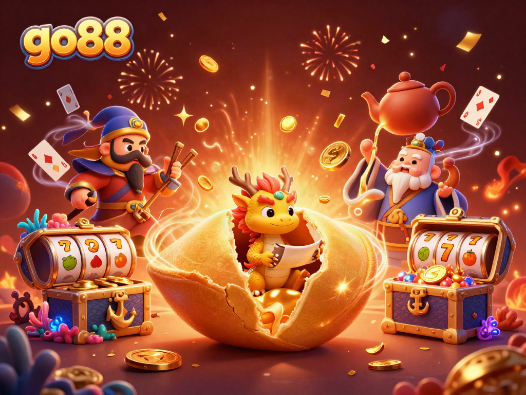 Experience go88's thrilling gameplay with an illustrated dragon guarding a golden fortune cookie and dynamic slot elements.