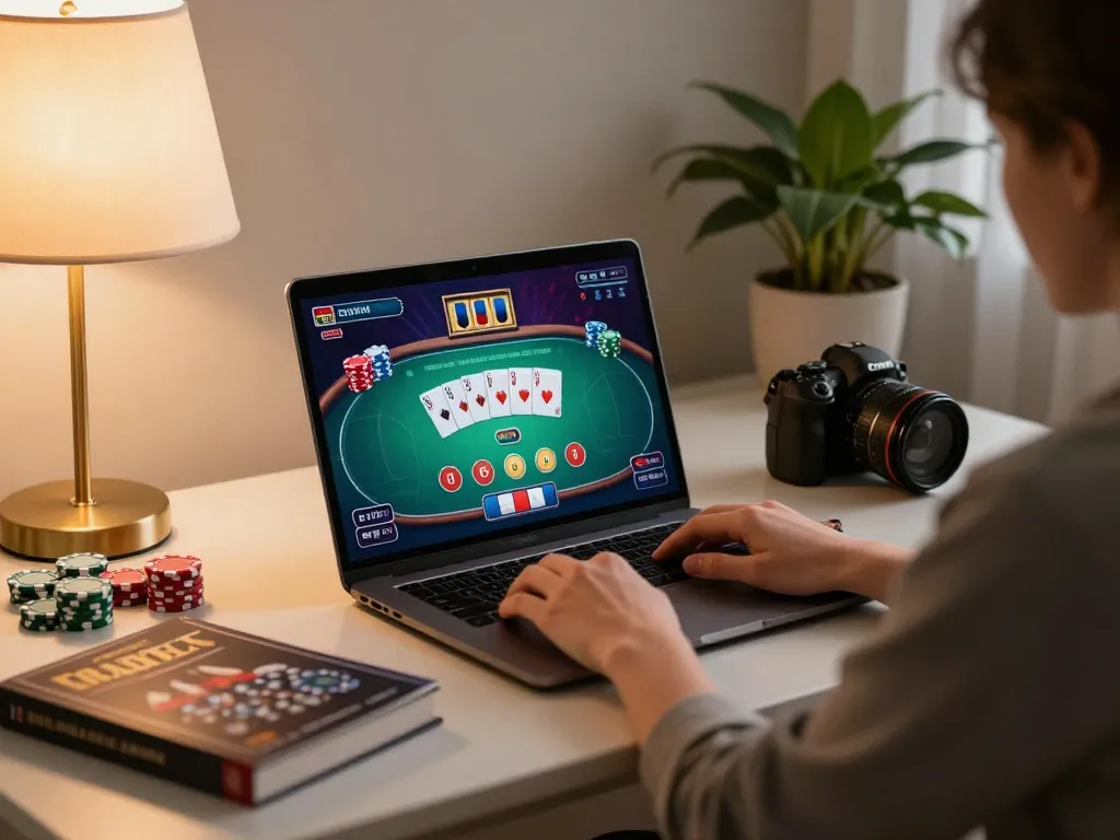 Engaging online gambling session at home with 789win poker interface visible on laptop.