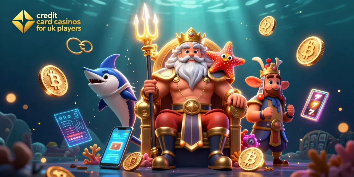 Experience the excitement of credit card casinos for UK players with a vibrant underwater scene filled with neon coins and slot equipment.