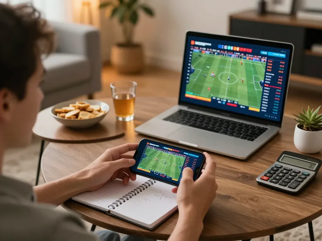 Engaging in live betting through the tr88 link on a smartphone while enjoying a comforting home environment.