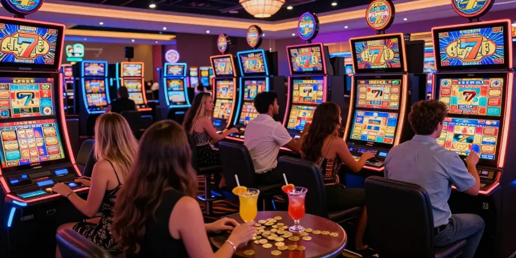 Exciting Lucky777 casino scene with players celebrating a win at a slot machine, vibrant atmosphere.