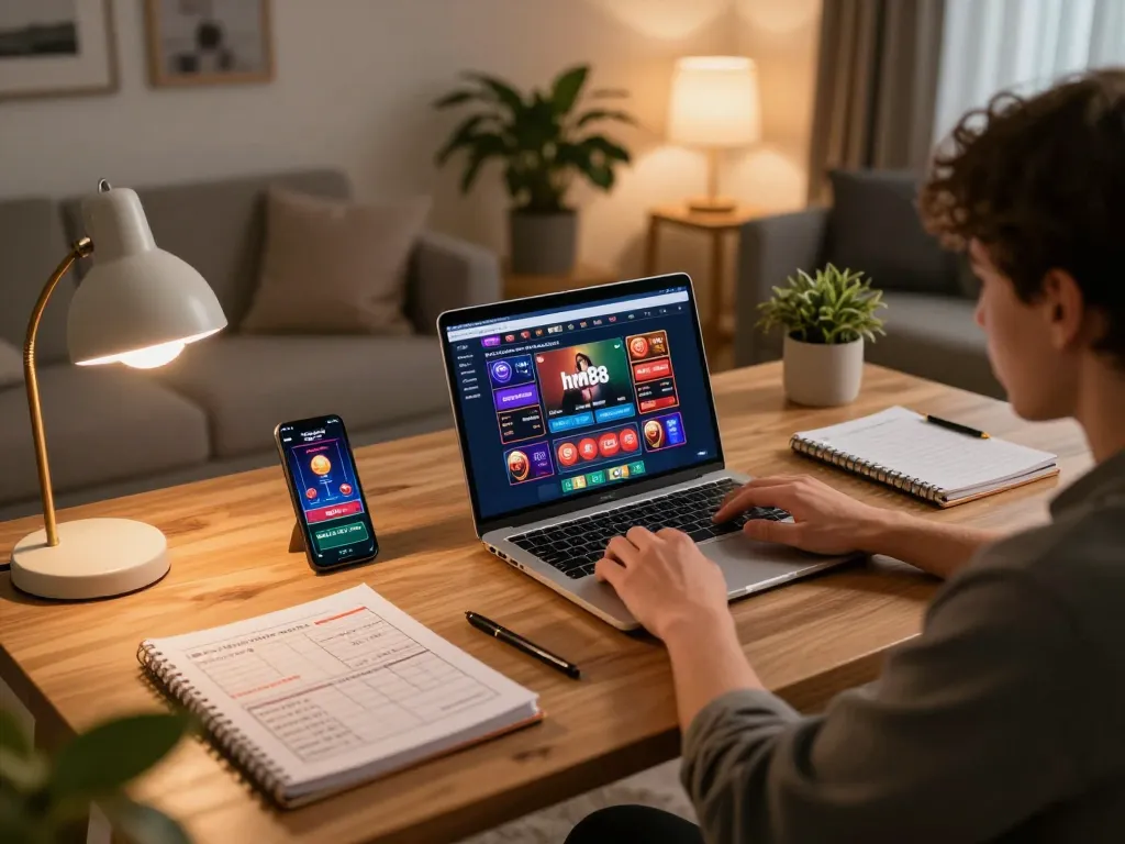 Engaged player using hm88 casino platform on laptop with live dealer game.