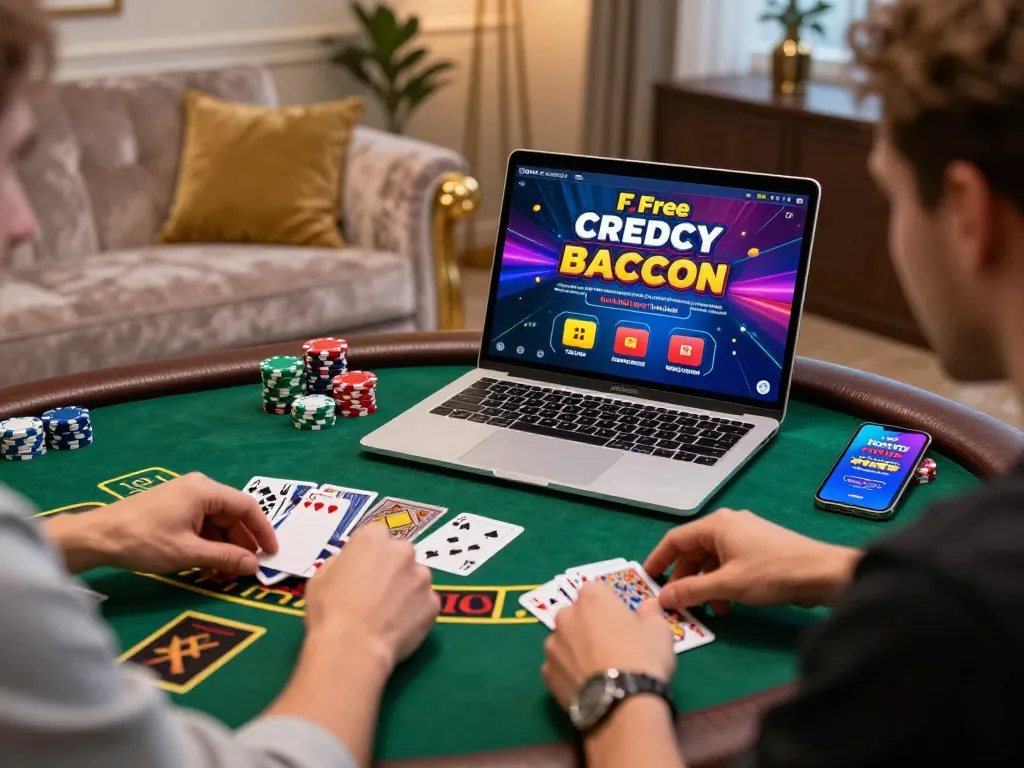 Player enjoying free credit baccarat in a lively home casino setup.