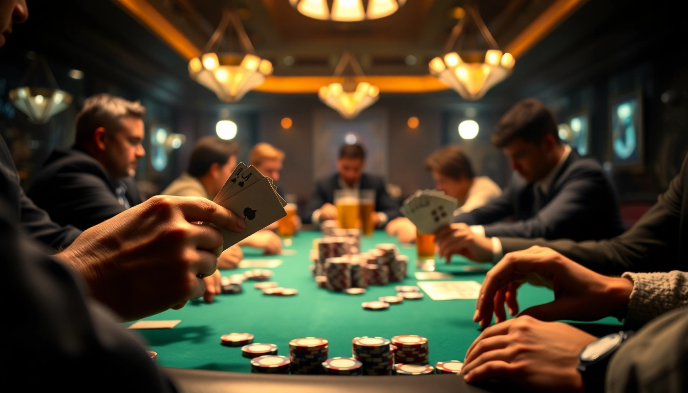 Engage in an exciting Poker Game with intense player focus and strategy around a casino table.