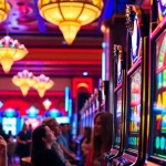 Nikmati Slot Game yang menarik dengan lampu berwarna cerah dan suasana kasino yang menggembirakan.