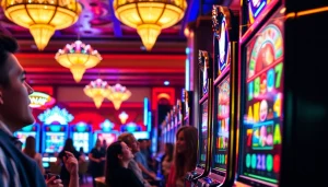 Nikmati Slot Game yang menarik dengan lampu berwarna cerah dan suasana kasino yang menggembirakan.