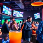 Engaged bettors enjoying sports betting excitement at a vibrant sports bar setting.