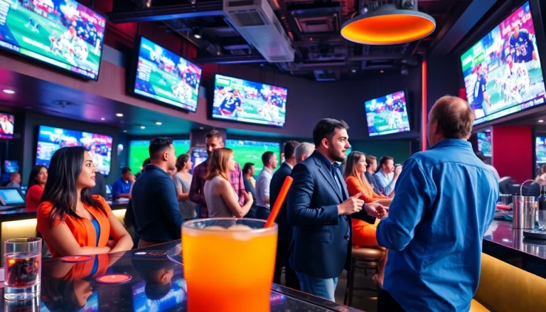 Engaged bettors enjoying sports betting excitement at a vibrant sports bar setting.