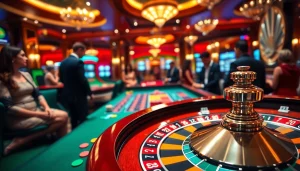 Engaging scene at a casino featuring a roulette table and vibrant chips.