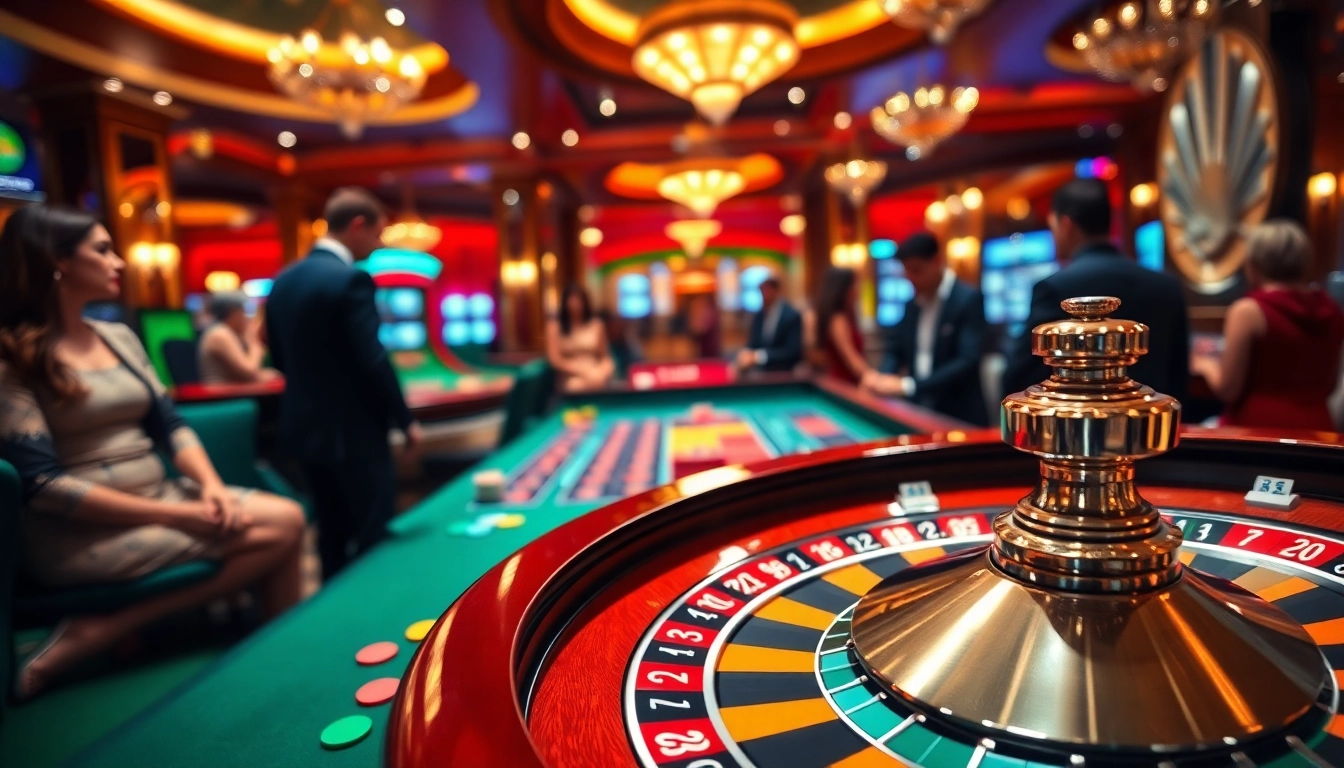 Engaging scene at a casino featuring a roulette table and vibrant chips.