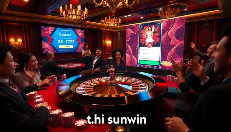 Experience the thrill of tải sunwin with vibrant casino visuals showcasing poker chips and a roulette table.