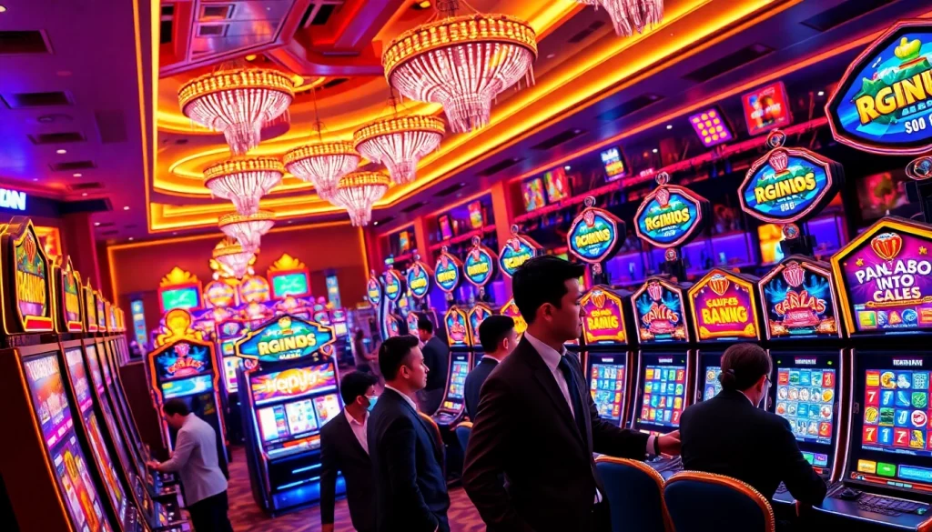 Engaging players at the slot machines featuring slot api raja 88 in a luxurious casino setting.