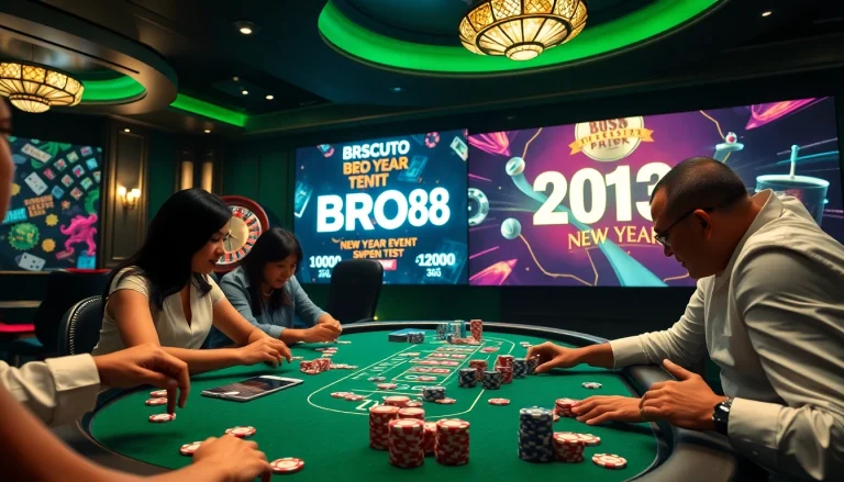 Players celebrating their wins at BRO138's enticing New Year casino event surrounded by vibrant decor.