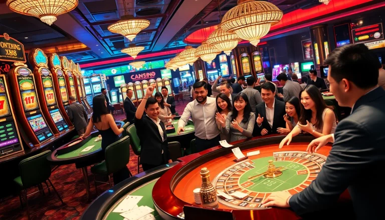 x88 casino guests celebrating a win at roulette and slot machines in a vibrant gaming atmosphere.