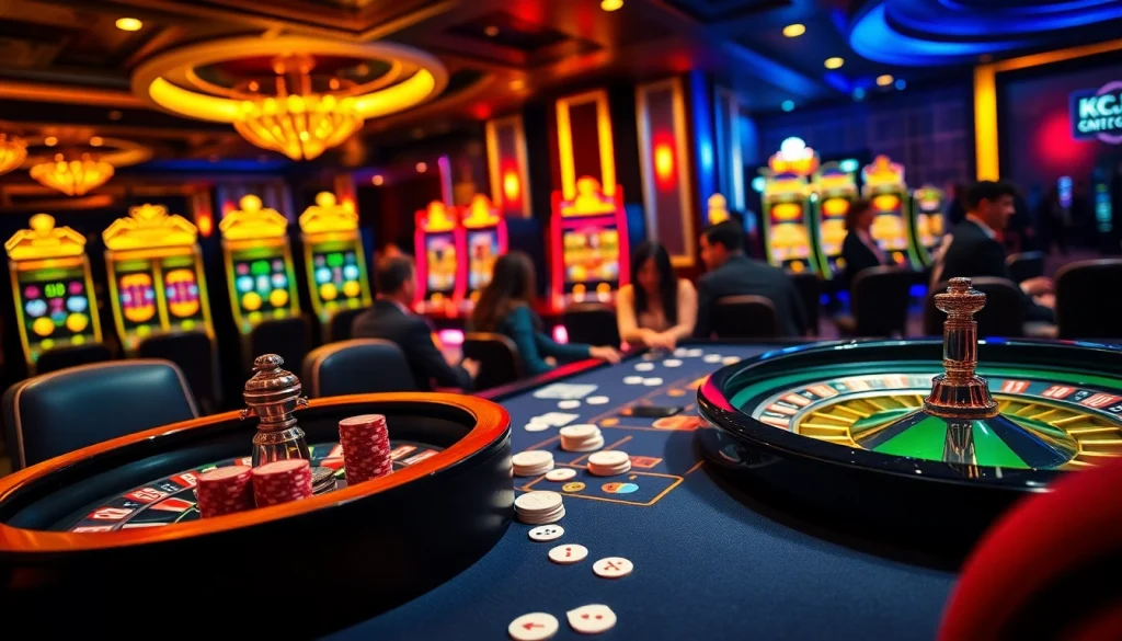 Players enjoying a thrilling poker game at KJC casino, surrounded by vibrant cards and chips.