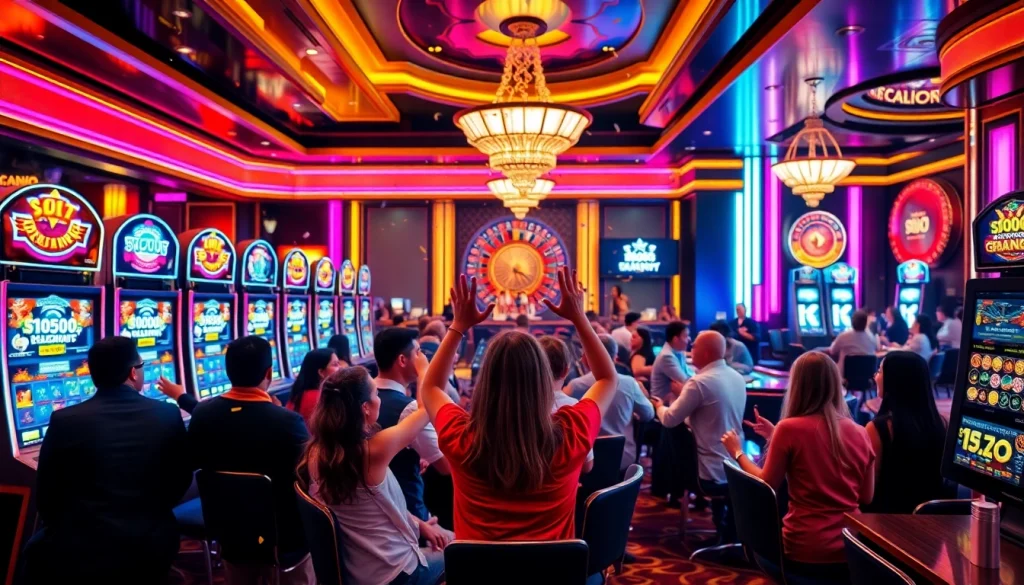 Players celebrating a slot online gacor jackpot win at an elegant casino with vibrant machines.