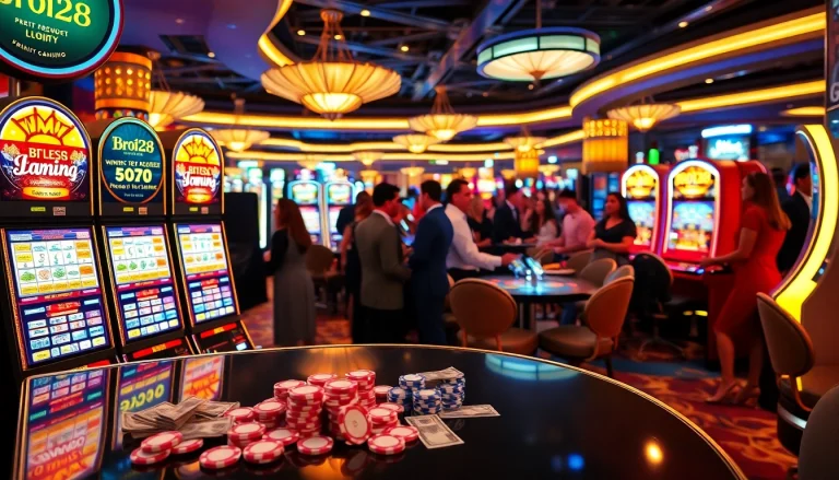 Experience excitement at Bro138 with vibrant slot machines and eager players ready to win.