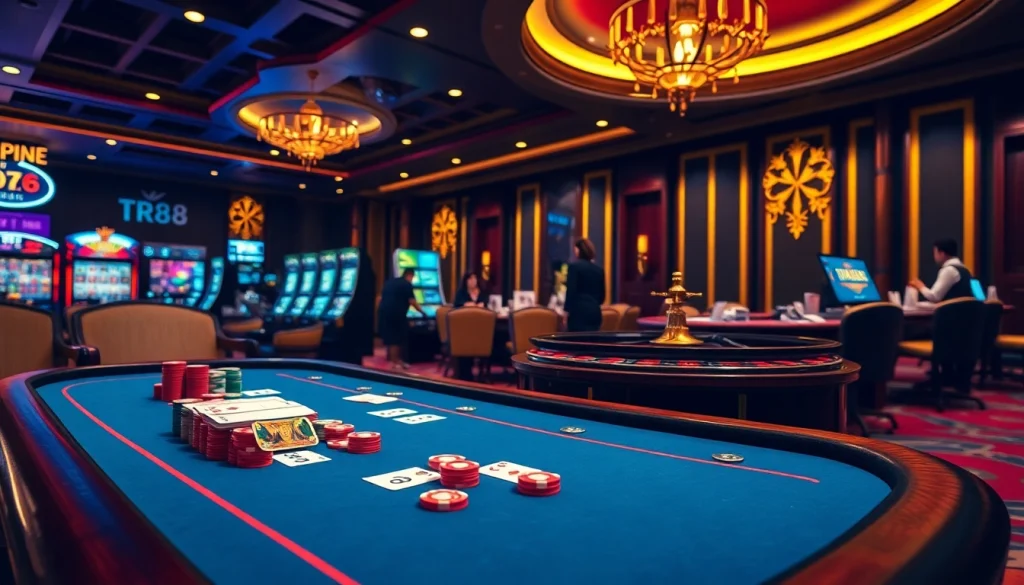 Exciting gambling scene at nhà cái TR88 with poker chips, roulette wheel, and professional dealers.