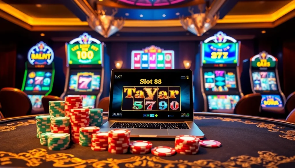 Experience the thrill of modern gambling with slot api raja 88, featuring vibrant slot machines and poker chips.