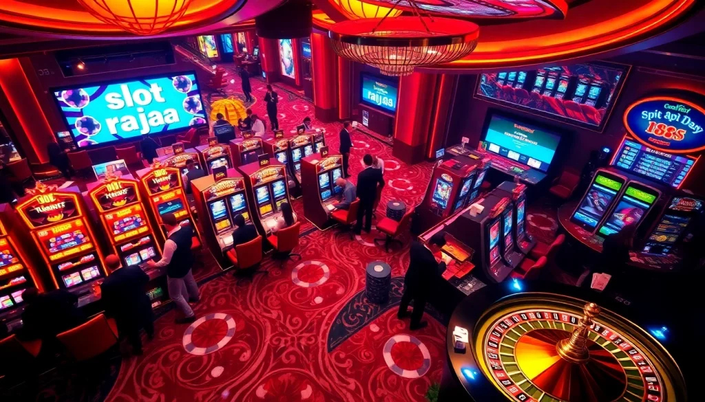 Experience the thrill of the slot api raja 88 as players engage passionately with slot machines in a vibrant casino.
