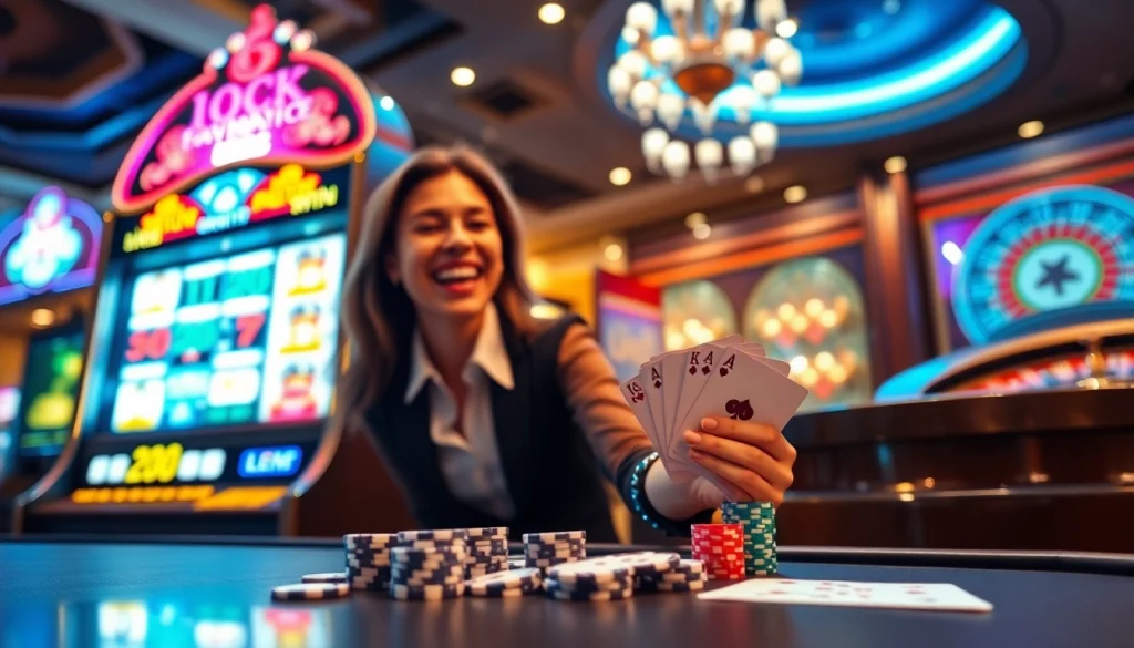 Engaging moment at a casino with a player at a slot machine, representing qqmacan excitement and thrill.
