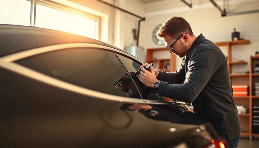 Technician applying auto window tint near me on a sleek black car in a bright workshop.