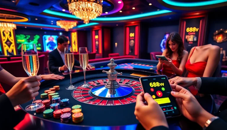Players enjoying luxurious gambling at a roulette table featuring the 688v logo and exciting gameplay.