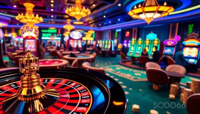 SODO66 players enjoying a thrilling casino experience with roulette, poker chips, and slot machines.