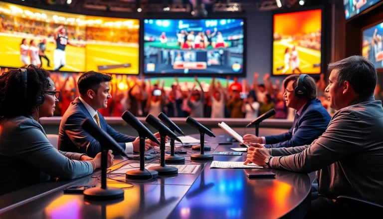 Engaging sports broadcasting team delivering lively commentary on a game.