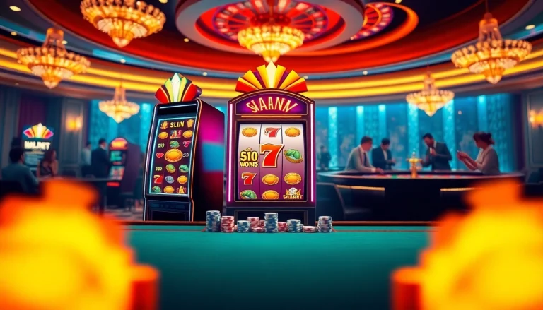 Experience the excitement of bro138 as players spin vibrant slot machines in a luxurious casino.
