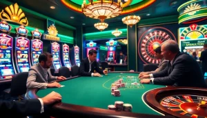 A vibrant casino poker scene showcasing strategic gameplay related to depo 25 + bonus 29 with rich decor and engaged players.