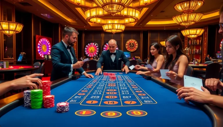 Experience thrilling betting at LC88 with vibrant casino tables, engaging dealers, and colorful chips.