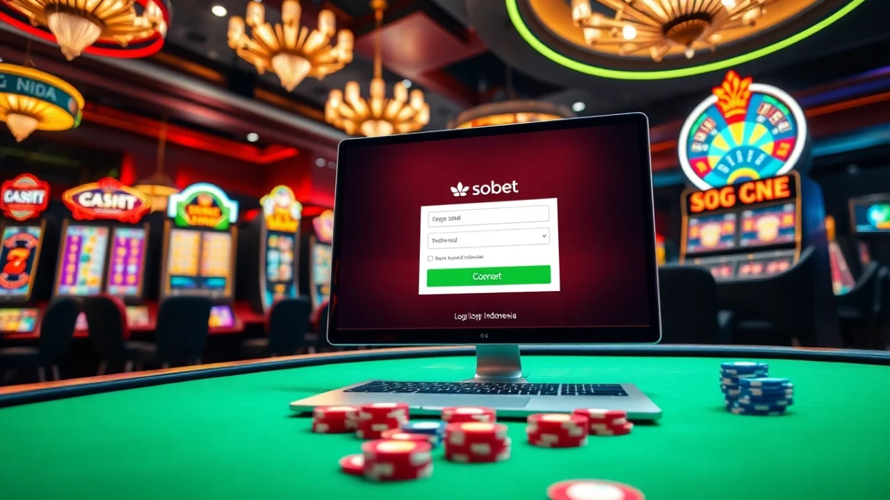 Engaging sbobet login indonesia interface with vibrant casino elements for online gambling enthusiasts.