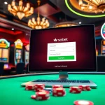 Engaging sbobet login indonesia interface with vibrant casino elements for online gambling enthusiasts.
