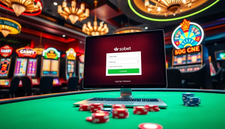 Engaging sbobet login indonesia interface with vibrant casino elements for online gambling enthusiasts.