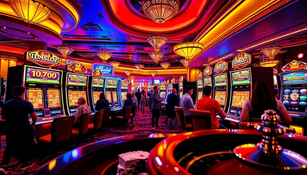 Experience the thrill of IDNSLOT at a vibrant casino featuring glamorous slot machines.